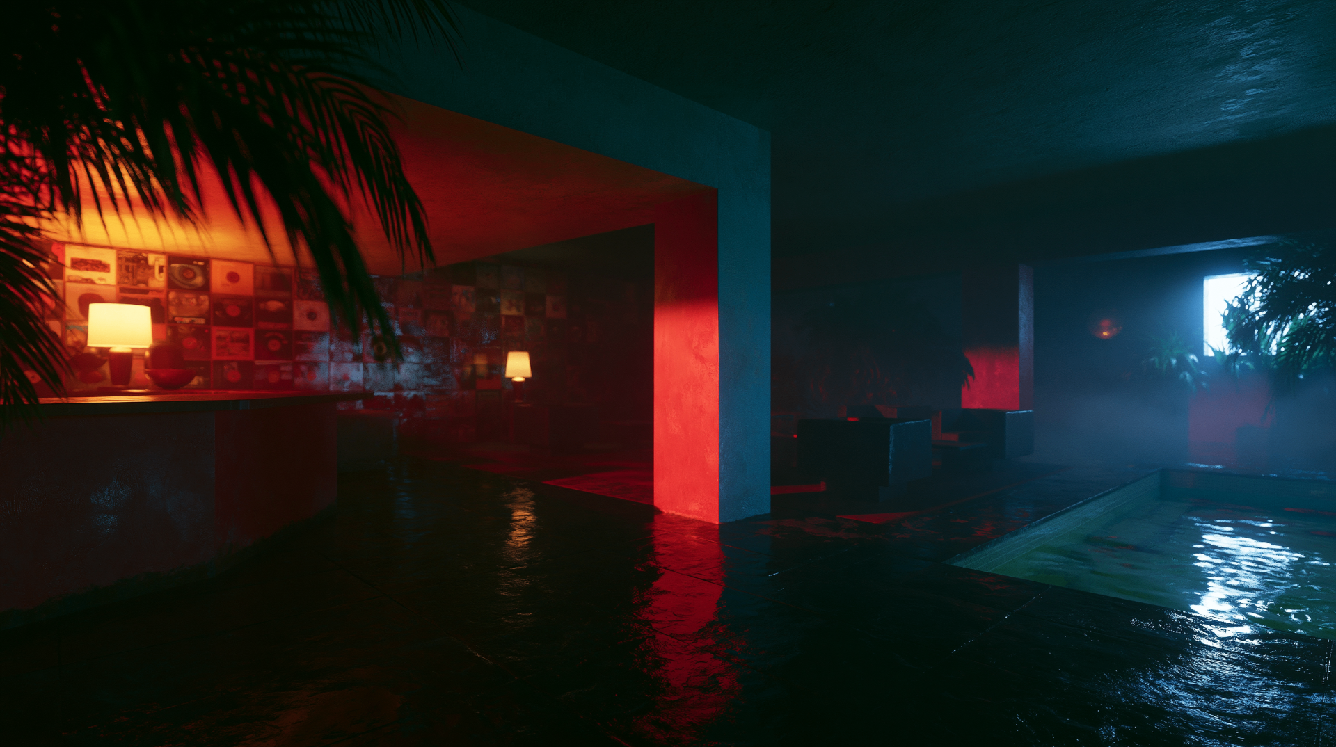 Moody red-and-blue interior